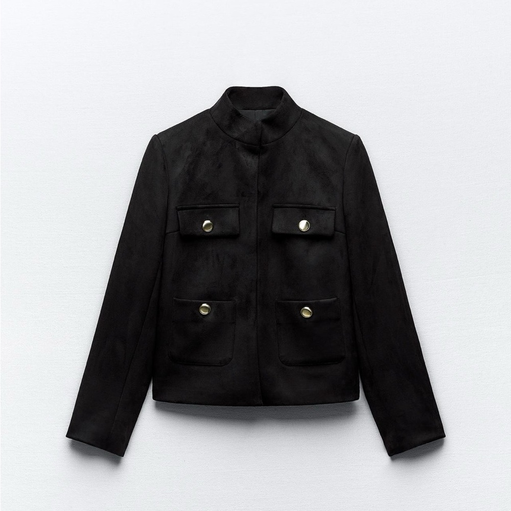 Black Button-Pocket Faux Suede Jacket